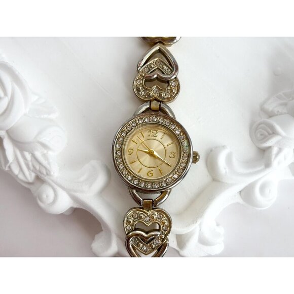 Gold Toned Faced & Rhinestone Chainlink Bracelet Vintage Watch - 15mm - WORKS! - Picture 3 of 10